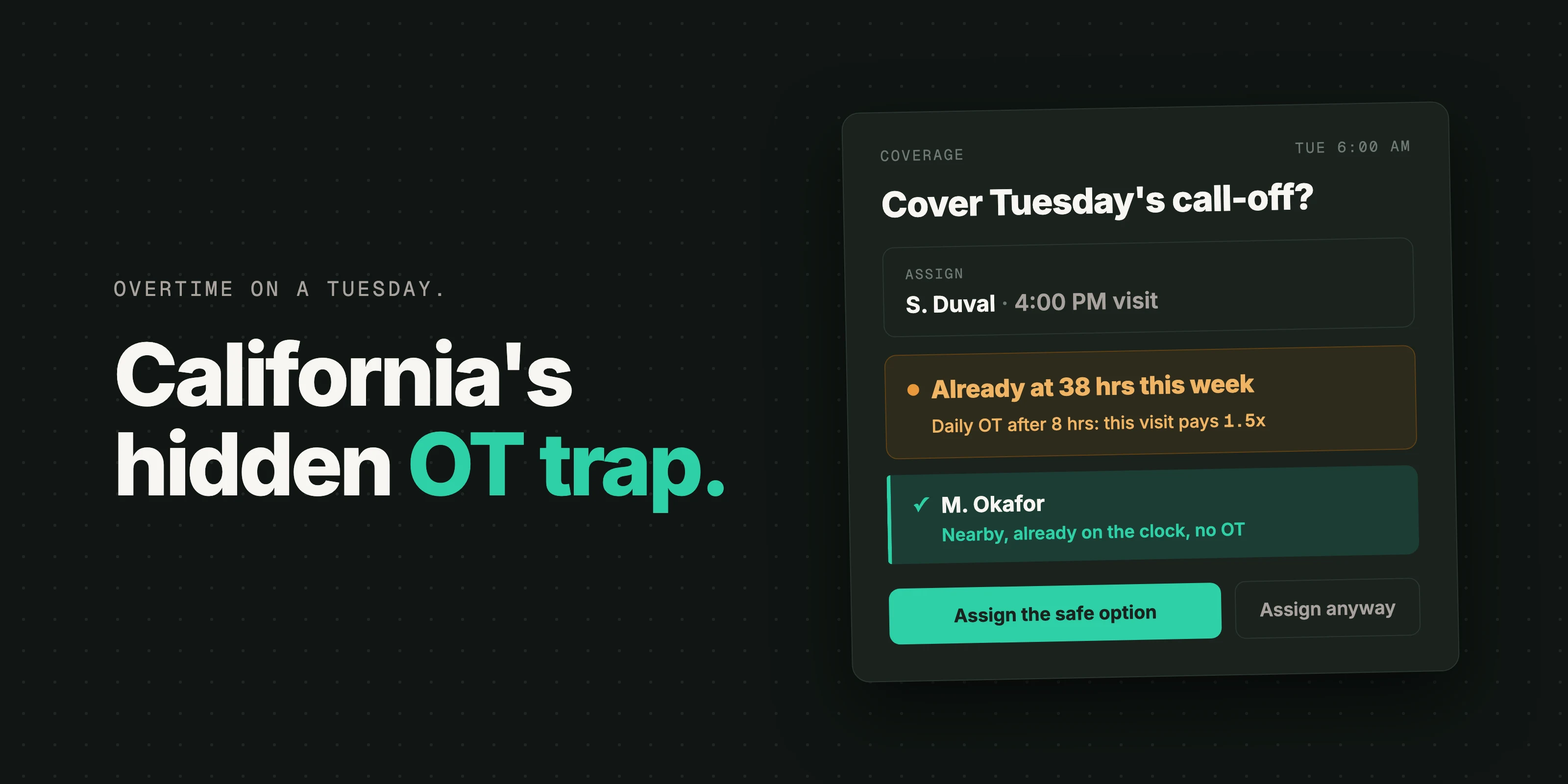 Cover art: a coverage dialog warning that the caregiver is already at 38 hours before the shift is assigned